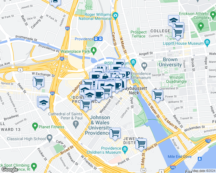 map of restaurants, bars, coffee shops, grocery stores, and more near 10 Dorrance Street in Providence