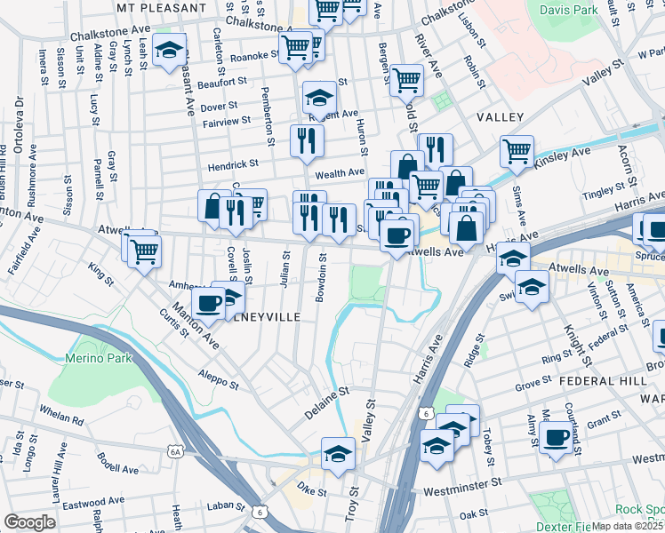 map of restaurants, bars, coffee shops, grocery stores, and more near 84 Barstow Street in Providence