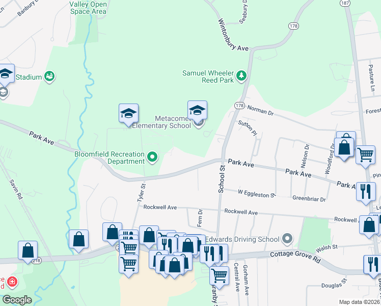 map of restaurants, bars, coffee shops, grocery stores, and more near 266-298 Park Avenue in Bloomfield