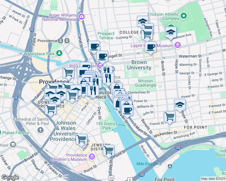 map of restaurants, bars, coffee shops, grocery stores, and more near 150 South Main Street in Providence
