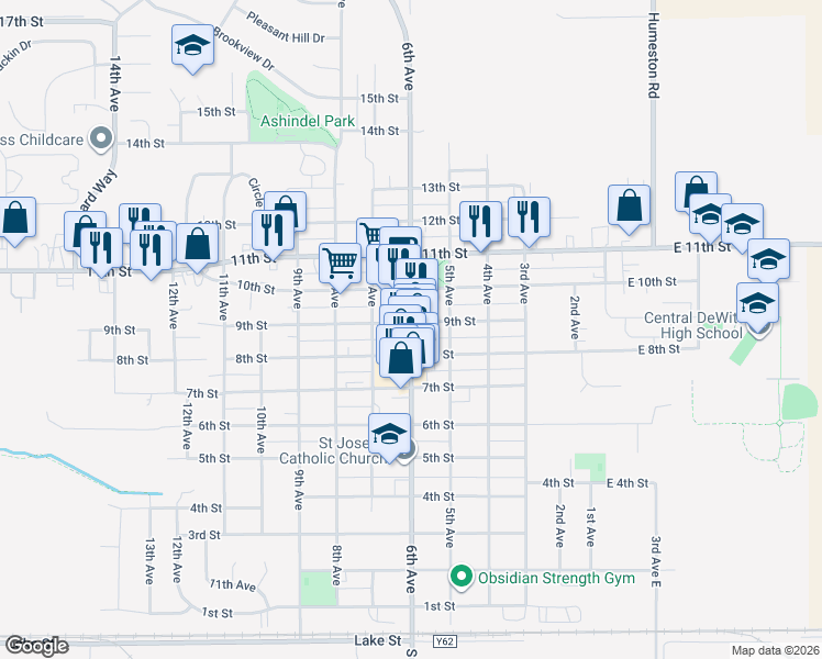 map of restaurants, bars, coffee shops, grocery stores, and more near in DeWitt