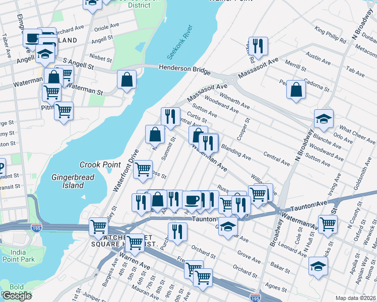 map of restaurants, bars, coffee shops, grocery stores, and more near 85 Waterman Avenue in East Providence