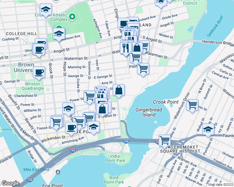 map of restaurants, bars, coffee shops, grocery stores, and more near 163 Gano Street in Providence