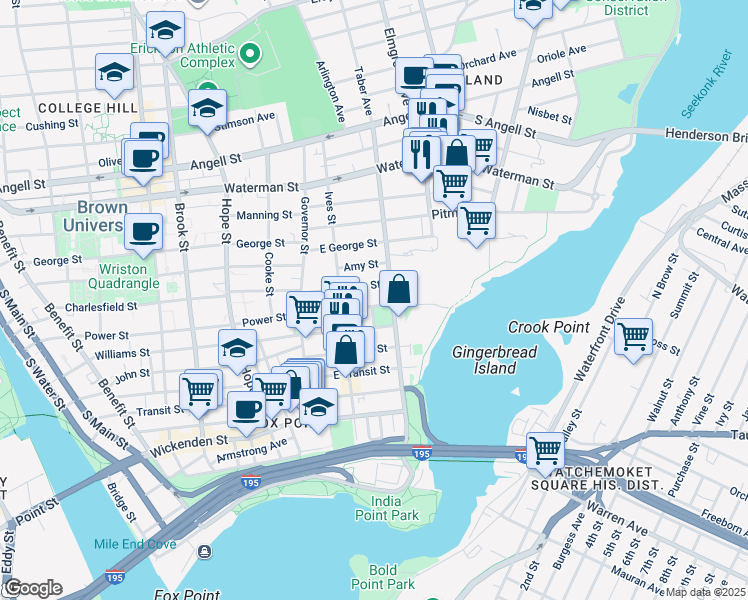 map of restaurants, bars, coffee shops, grocery stores, and more near 74 Preston Street in Providence