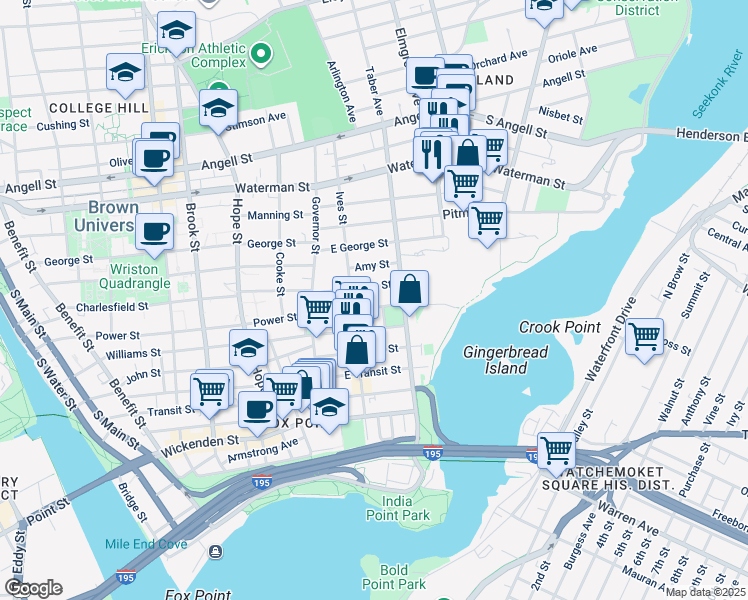 map of restaurants, bars, coffee shops, grocery stores, and more near 74 Preston Street in Providence
