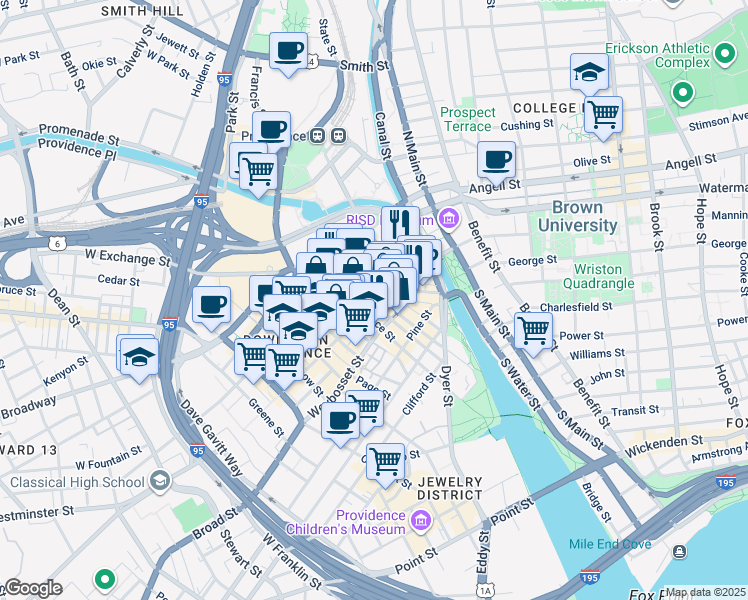 map of restaurants, bars, coffee shops, grocery stores, and more near in Providence