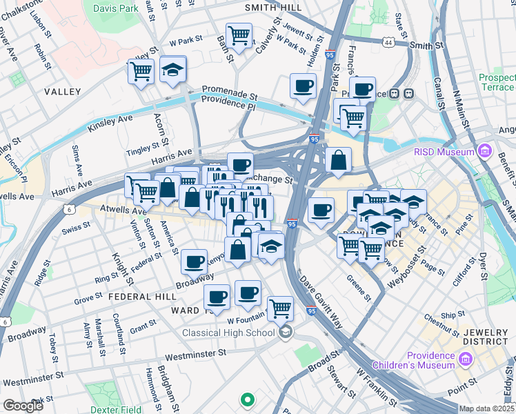 map of restaurants, bars, coffee shops, grocery stores, and more near 55 Cedar Street in Providence