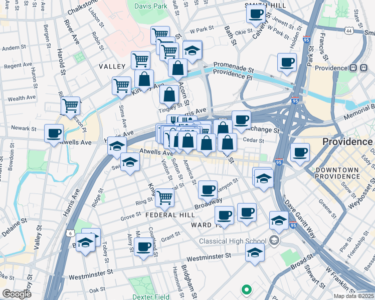 map of restaurants, bars, coffee shops, grocery stores, and more near 141 Spruce Street in Providence