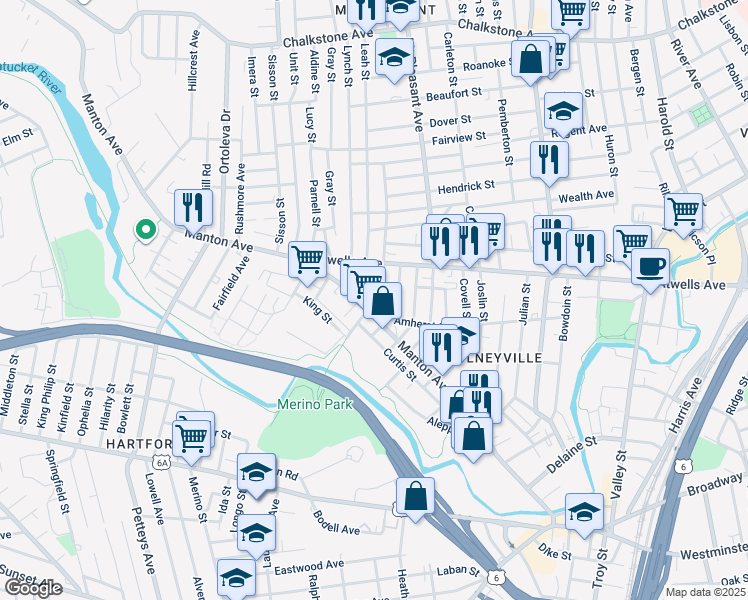 map of restaurants, bars, coffee shops, grocery stores, and more near 34 Erastus Street in Providence