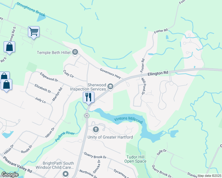 map of restaurants, bars, coffee shops, grocery stores, and more near 1096 Ellington Road in South Windsor