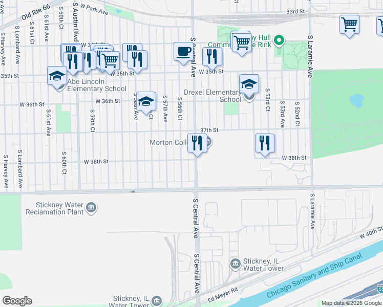 map of restaurants, bars, coffee shops, grocery stores, and more near 3720 South Central Avenue in Cicero
