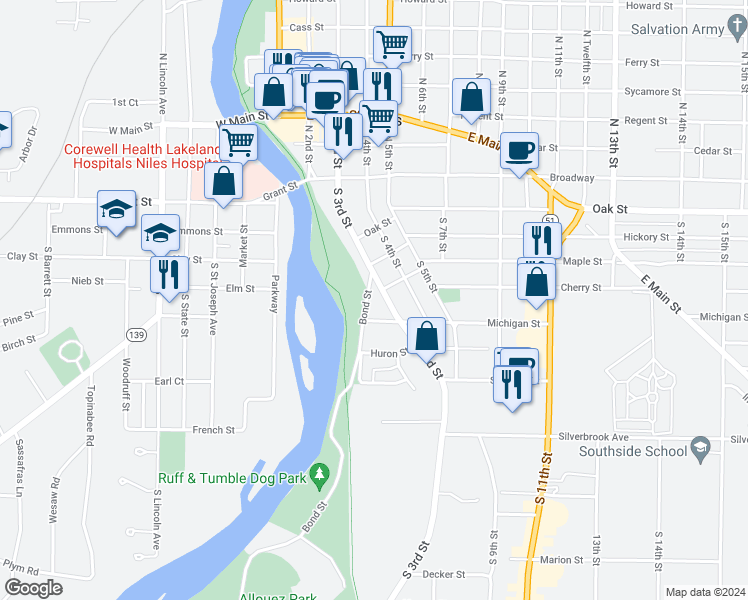 map of restaurants, bars, coffee shops, grocery stores, and more near 231 Bond Street in Niles