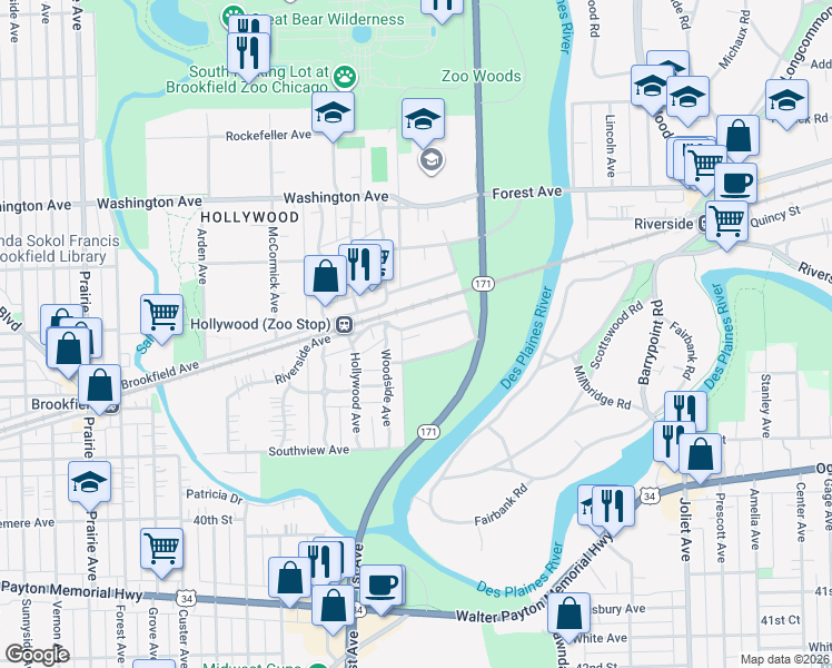 map of restaurants, bars, coffee shops, grocery stores, and more near 213 West Quincy Street in Riverside