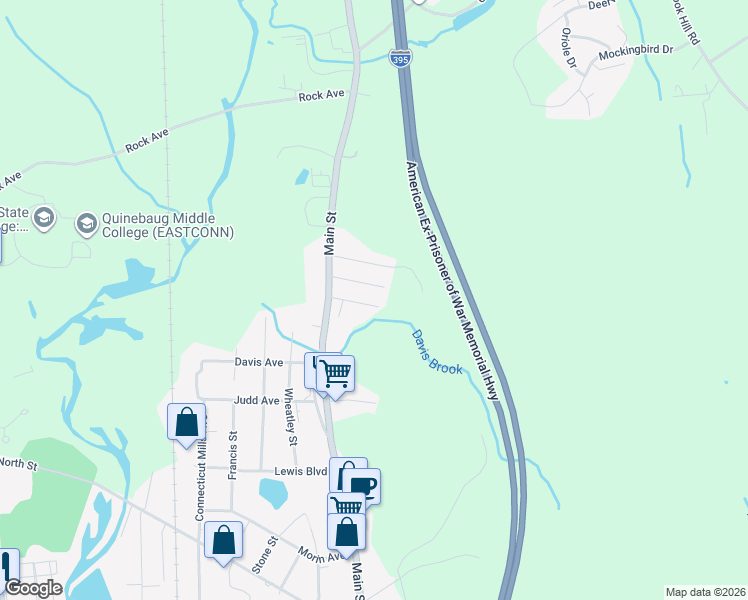 map of restaurants, bars, coffee shops, grocery stores, and more near 47 John Street in Killingly