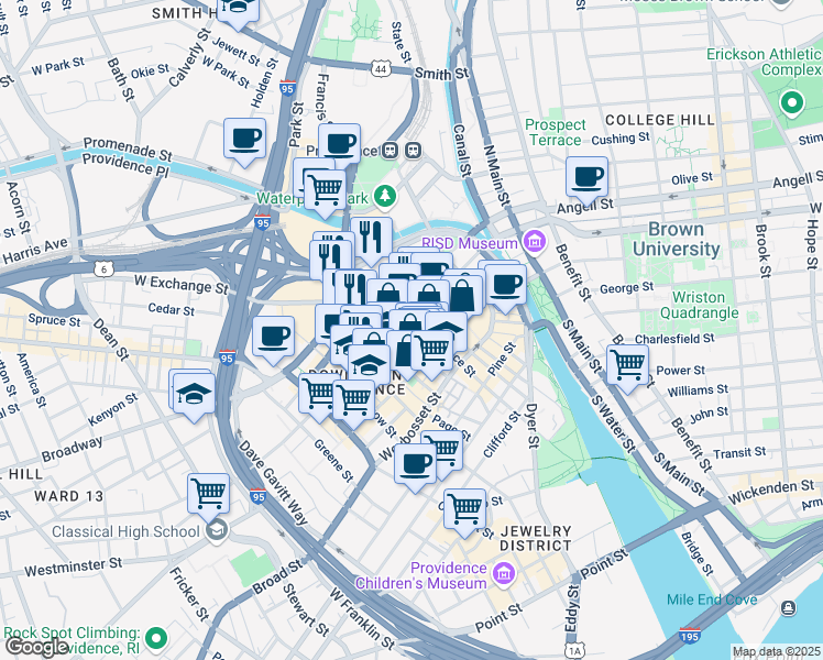 map of restaurants, bars, coffee shops, grocery stores, and more near 25 Dorrance Street in Providence