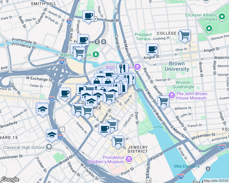 map of restaurants, bars, coffee shops, grocery stores, and more near 1 Washington Street in Providence