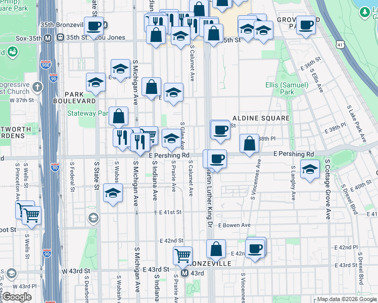 map of restaurants, bars, coffee shops, grocery stores, and more near 3837 South Calumet Avenue in Chicago