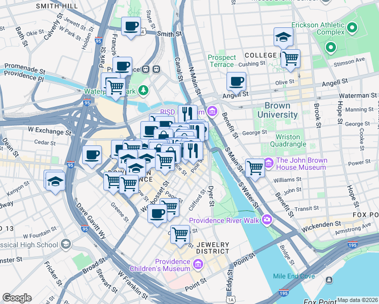 map of restaurants, bars, coffee shops, grocery stores, and more near in Providence