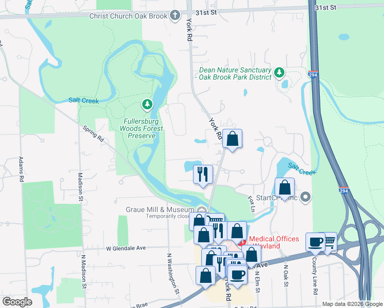 map of restaurants, bars, coffee shops, grocery stores, and more near 402 Luthin Road in Oak Brook