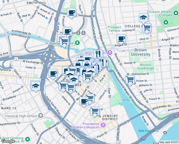 map of restaurants, bars, coffee shops, grocery stores, and more near 1 Washington Street in Providence