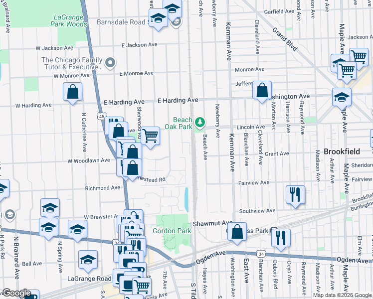 map of restaurants, bars, coffee shops, grocery stores, and more near 522 Barnsdale Road in La Grange Park