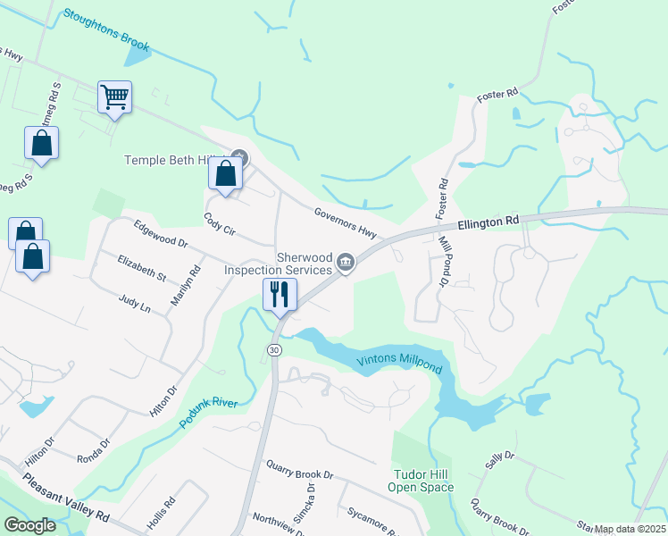 map of restaurants, bars, coffee shops, grocery stores, and more near 1072 Ellington Road in South Windsor