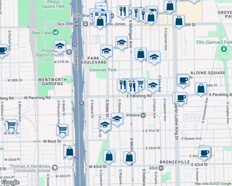 map of restaurants, bars, coffee shops, grocery stores, and more near 3850 South Wabash Avenue in Chicago