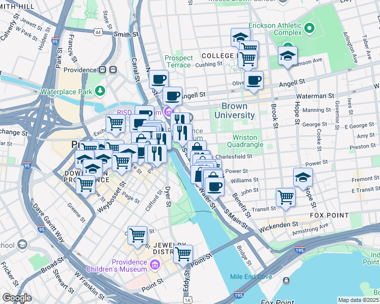 map of restaurants, bars, coffee shops, grocery stores, and more near 150 South Main Street in Providence