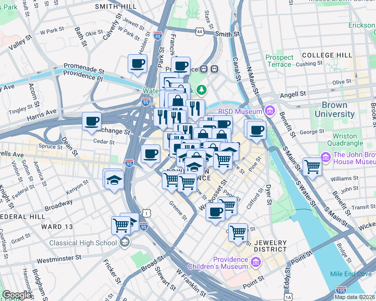 map of restaurants, bars, coffee shops, grocery stores, and more near in Providence