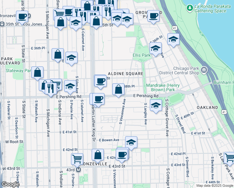 map of restaurants, bars, coffee shops, grocery stores, and more near 545 East 38th Place in Chicago