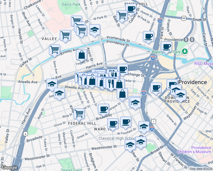 map of restaurants, bars, coffee shops, grocery stores, and more near 124 Cedar Street in Providence