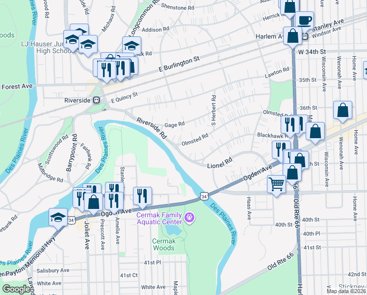 map of restaurants, bars, coffee shops, grocery stores, and more near 164 Olmsted Road in Riverside