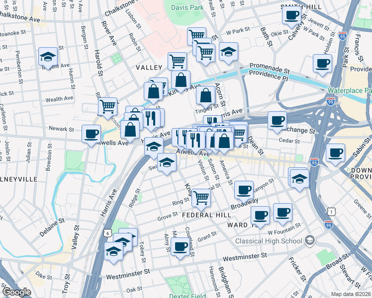 map of restaurants, bars, coffee shops, grocery stores, and more near 425 Atwells Avenue in Providence