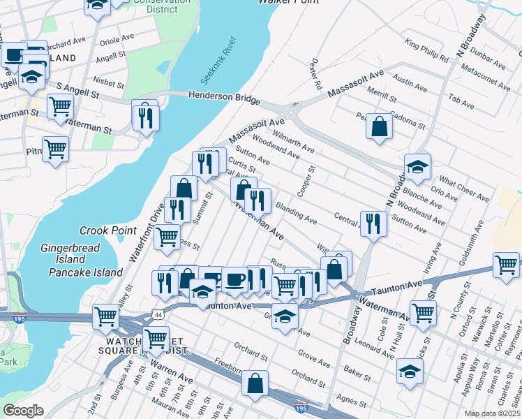map of restaurants, bars, coffee shops, grocery stores, and more near 15 Blanding Avenue in East Providence