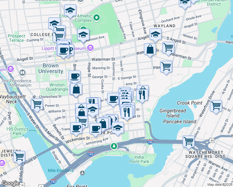 map of restaurants, bars, coffee shops, grocery stores, and more near 121 Governor Street in Providence