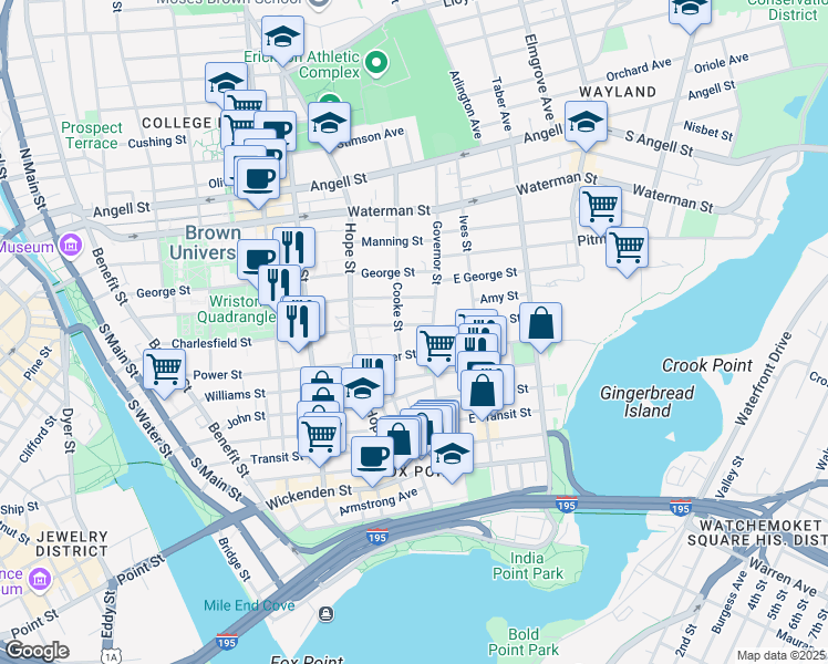 map of restaurants, bars, coffee shops, grocery stores, and more near 5 Young Orchard Avenue in Providence