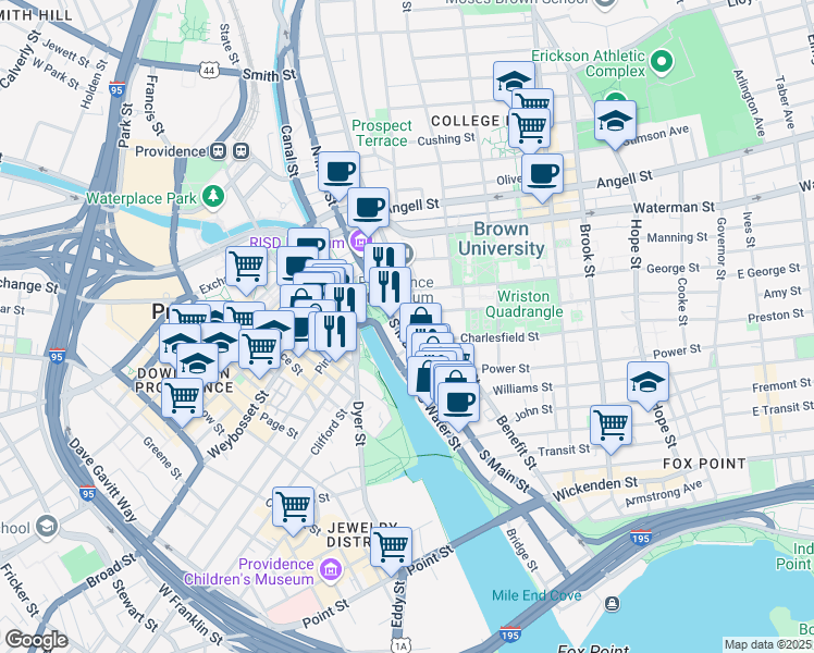 map of restaurants, bars, coffee shops, grocery stores, and more near 15 Hopkins Street in Providence