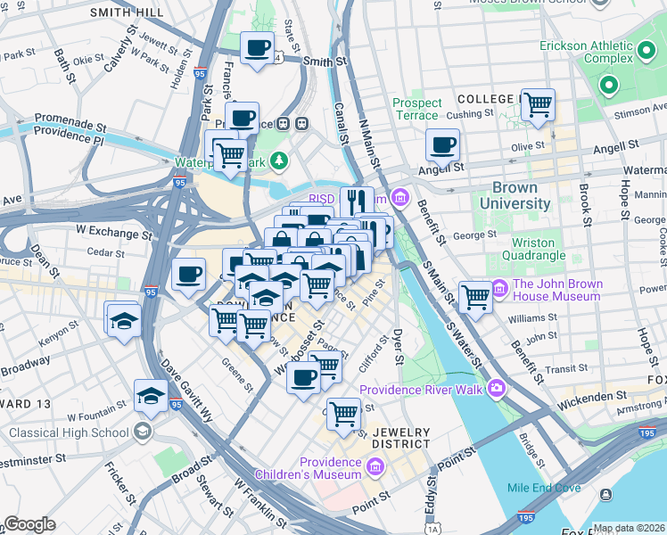 map of restaurants, bars, coffee shops, grocery stores, and more near 1 Washington Street in Providence