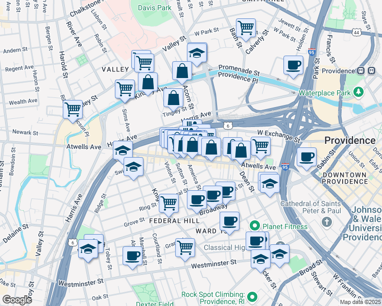 map of restaurants, bars, coffee shops, grocery stores, and more near 141 Spruce Street in Providence