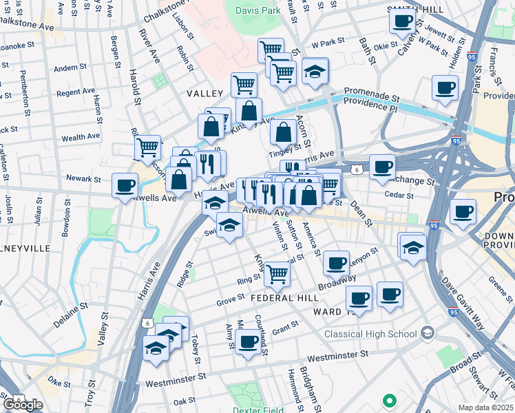 map of restaurants, bars, coffee shops, grocery stores, and more near 425 Atwells Avenue in Providence