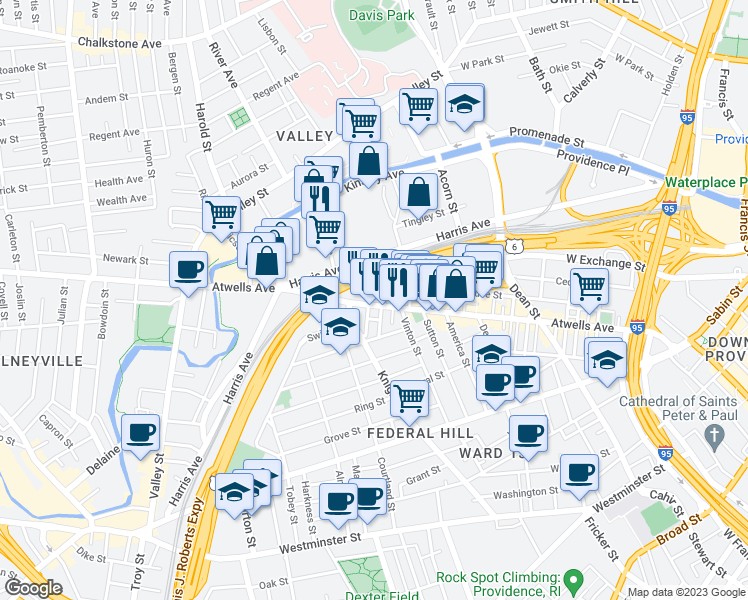 map of restaurants, bars, coffee shops, grocery stores, and more near 24 Dale Street in Providence