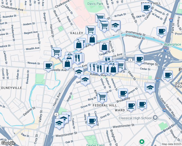 map of restaurants, bars, coffee shops, grocery stores, and more near 425 Atwells Avenue in Providence