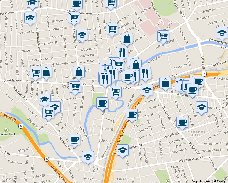 map of restaurants, bars, coffee shops, grocery stores, and more near in Providence