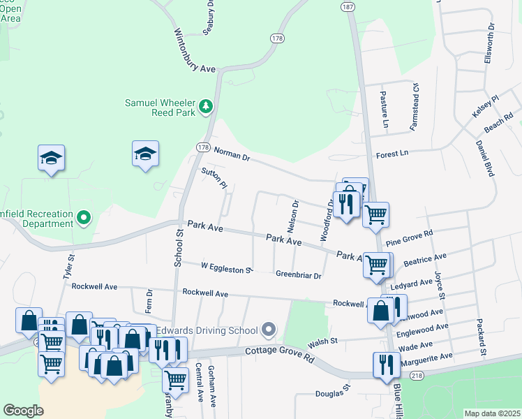 map of restaurants, bars, coffee shops, grocery stores, and more near 140 Park Avenue in Bloomfield