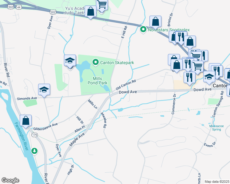 map of restaurants, bars, coffee shops, grocery stores, and more near 2 Old Canton Road in Canton