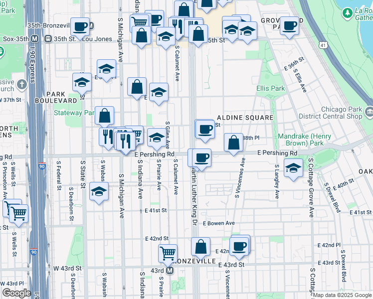 map of restaurants, bars, coffee shops, grocery stores, and more near 3837 South Calumet Avenue in Chicago