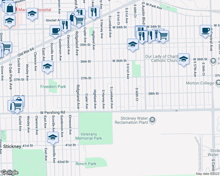 map of restaurants, bars, coffee shops, grocery stores, and more near 3734 Lombard Avenue in Berwyn