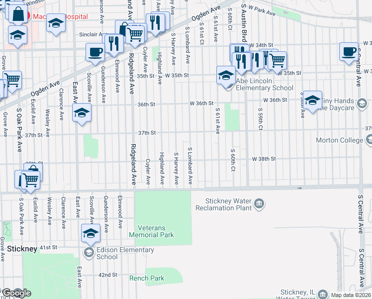 map of restaurants, bars, coffee shops, grocery stores, and more near 3719 South Harvey Avenue in Berwyn