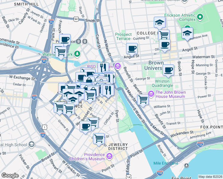 map of restaurants, bars, coffee shops, grocery stores, and more near 32 Custom House Street in Providence