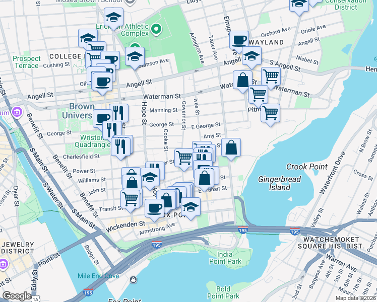 map of restaurants, bars, coffee shops, grocery stores, and more near 9 Preston Street in Providence